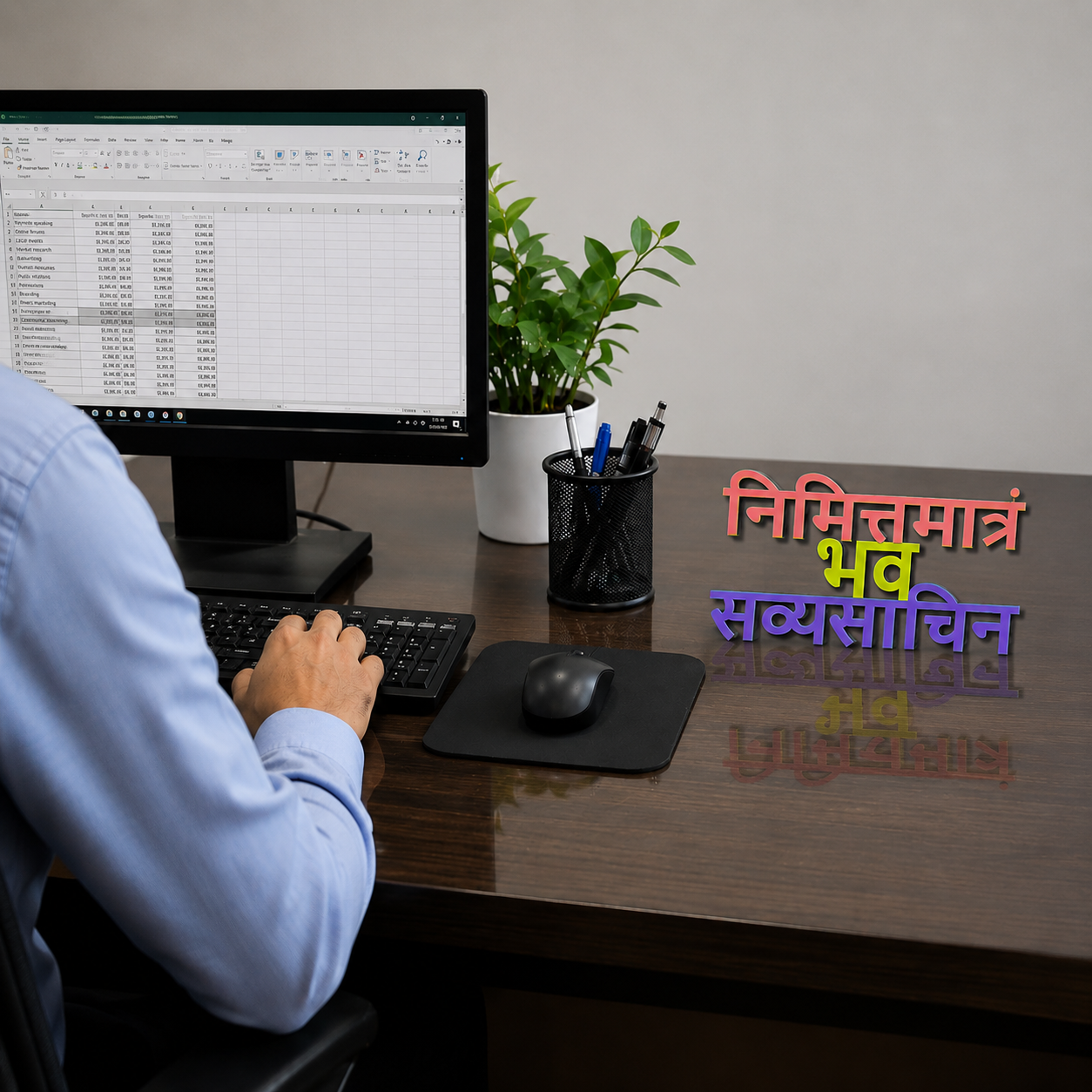 Bhagavad Gita Inspired Desk Plate | “निमित्तमात्रं भव सव्यसाचिन्” Motivational Decor