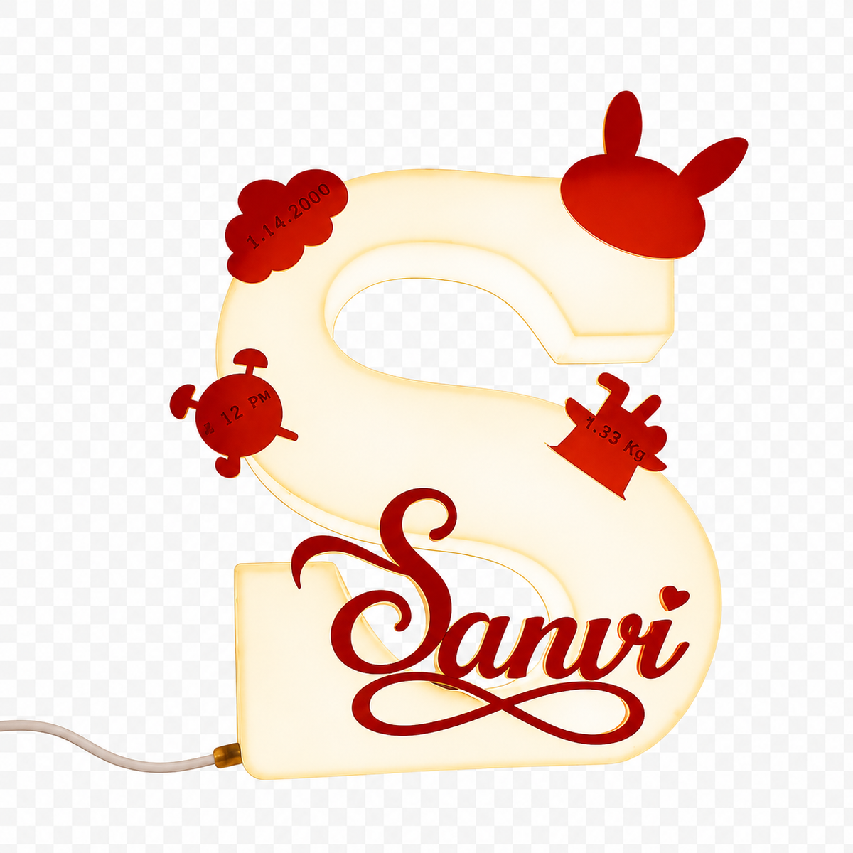 Personalized Baby Birth Details LED Name Lamp | Custom Initial Night Light